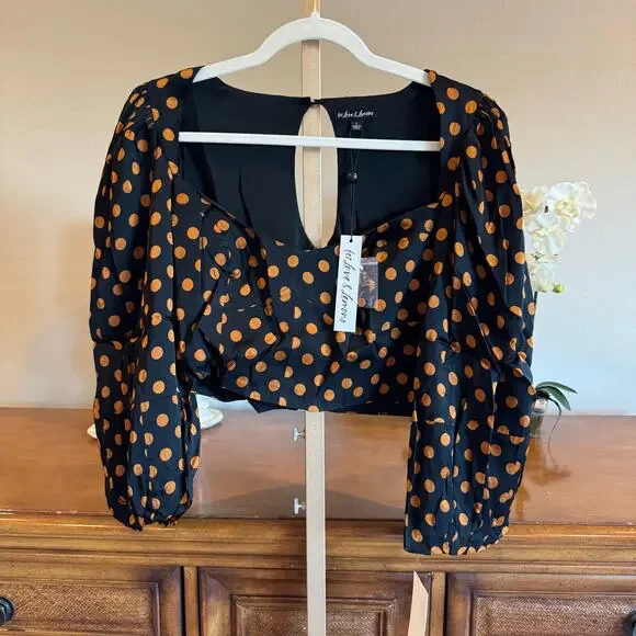 For Love & Lemons Lark Polka Dot Blouse Black Brown L NWT Sold Out - Picture 2 of 10